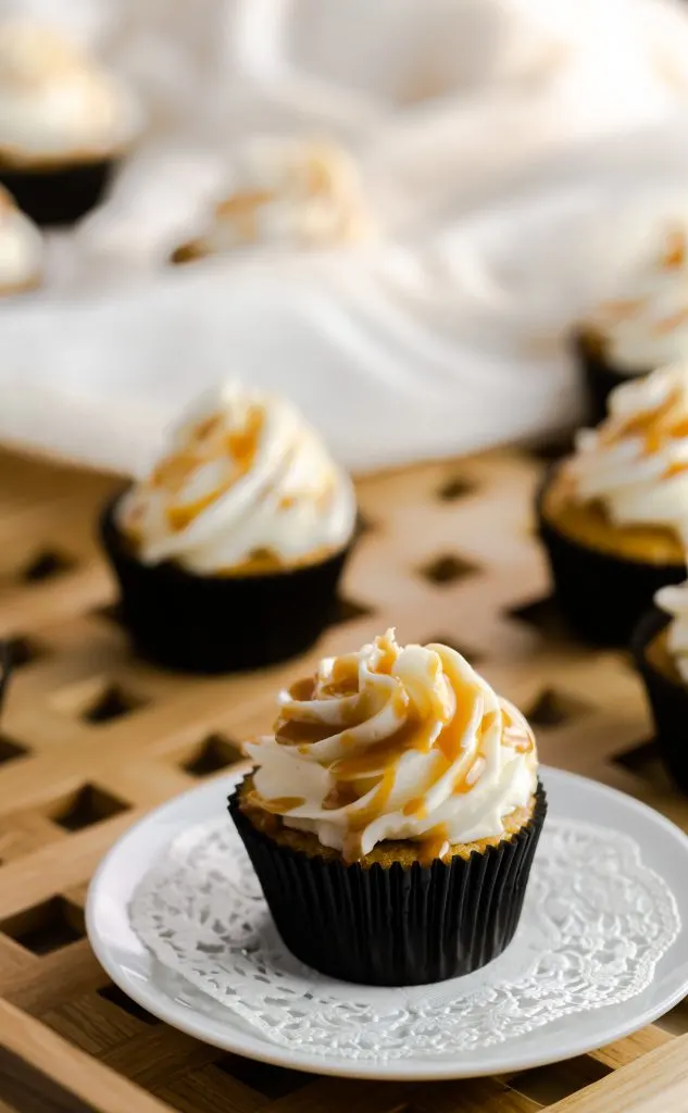 These butterscotch cupcakes have melted butterscotch morsels in the batter. Drizzled with butterscotch sauce.  