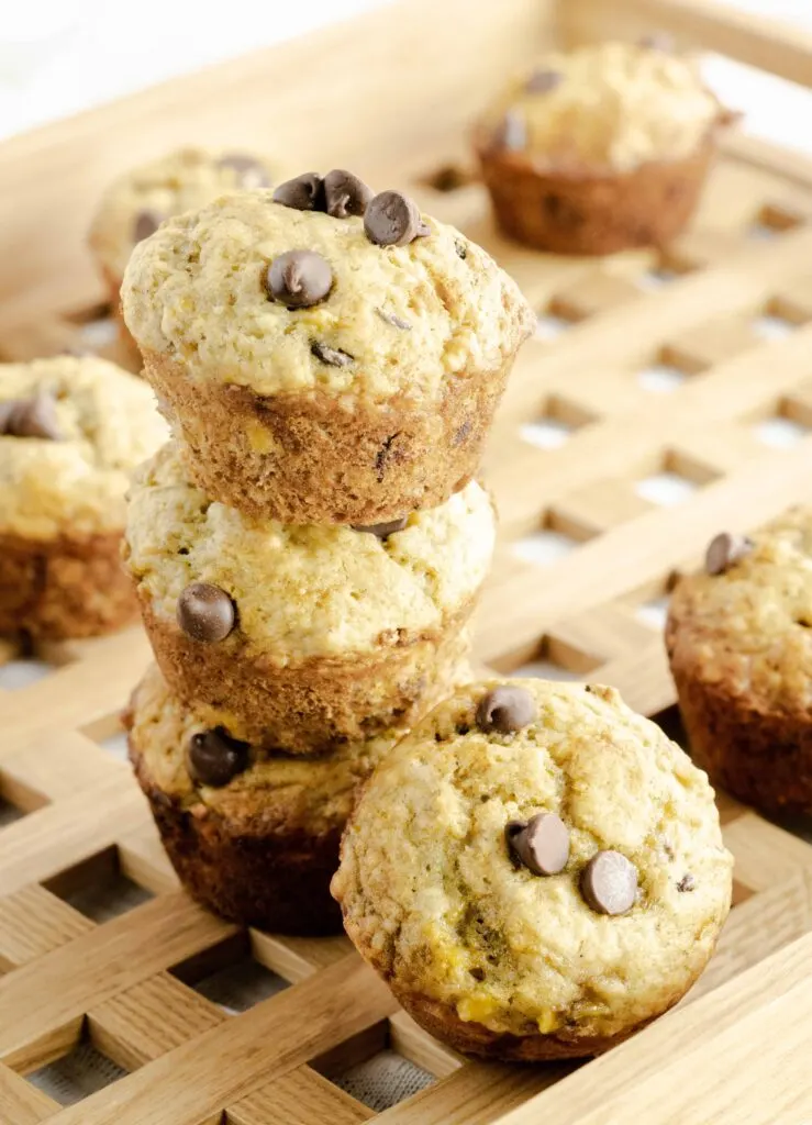 Chocolate Chip Muffins made with bananas on a serving tray. 