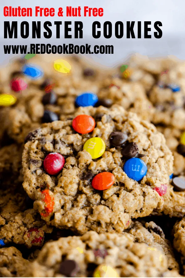 Monster Cookies are an incredibly delicious cookie to make and are normally made with peanut butter. This nut allergy-friendly cookie is made with peanut-free peanut butter and they're gluten-free! #peanutfree #allergyfriendly #nutfree #glutenfreecookies #nutfreecookies #monstercookies #christmascookies #glutenfreecookies #candy #tradition #cookierecipes