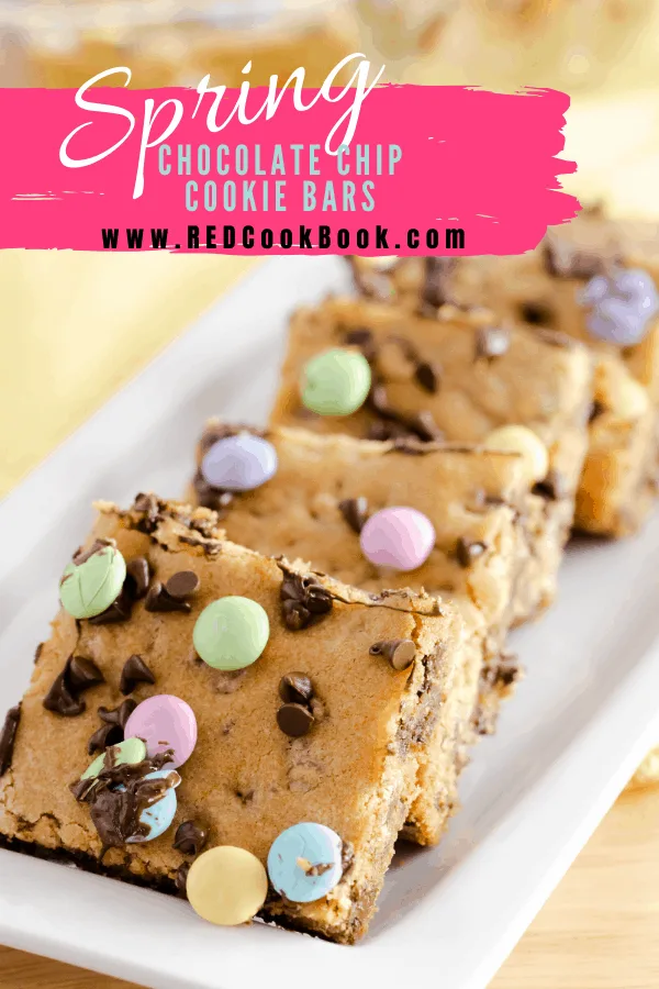 Chocolate Chip Cookie Bars are thick, chewy, and full of chocolate deliciousness. These cookie bars are easy to bake and easy to customize for Holidays such as Easter and Christmas.