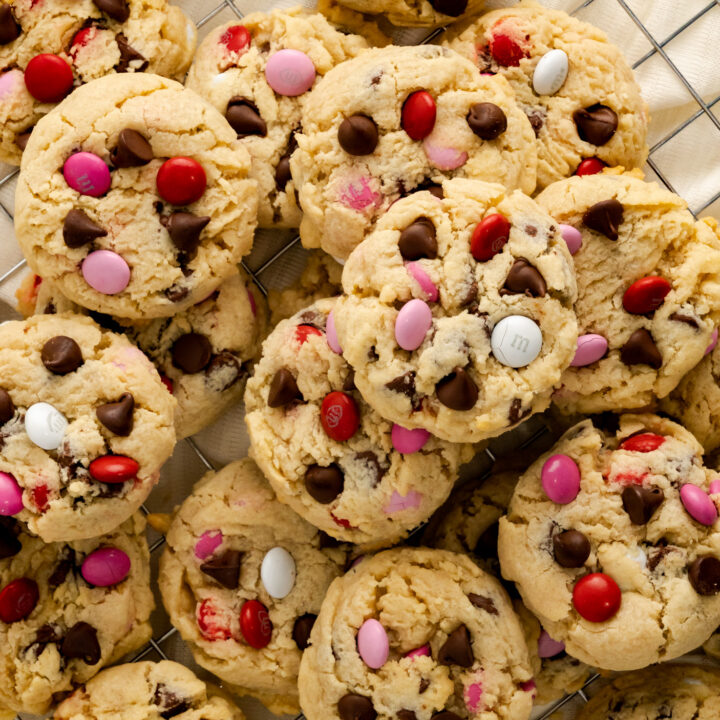 Valentine's Day Cookies with red white and pink M&M's and chocolate chips.