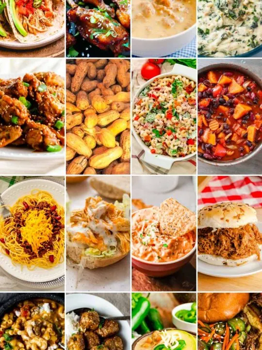 A collage of Instant Pot Super Bowl Recipes including sandwiches and dips.